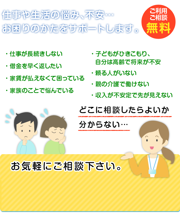 仕事や生活の悩み、不安…お困りのかたをサポートします。　ご利用・ご相談　無料　・仕事が長続きしない・借金を早く返したい・家賃が払えなくて困っている・家族のことで悩んでいる・子どもがひきこもり、自分は高齢で将来が不安・頼る人がいない・親の介護で働けない・収入が不安定で先が見えない　困っているが､どこに相談したらよいか分からない…　お気軽にご相談下さい。